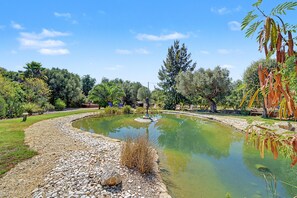 A landscaped garden with a pond, surrounded by various trees and shrubs. - Room 'Pool House' with Shared Pool, Wi-Fi and Air Conditioning (Almancil)