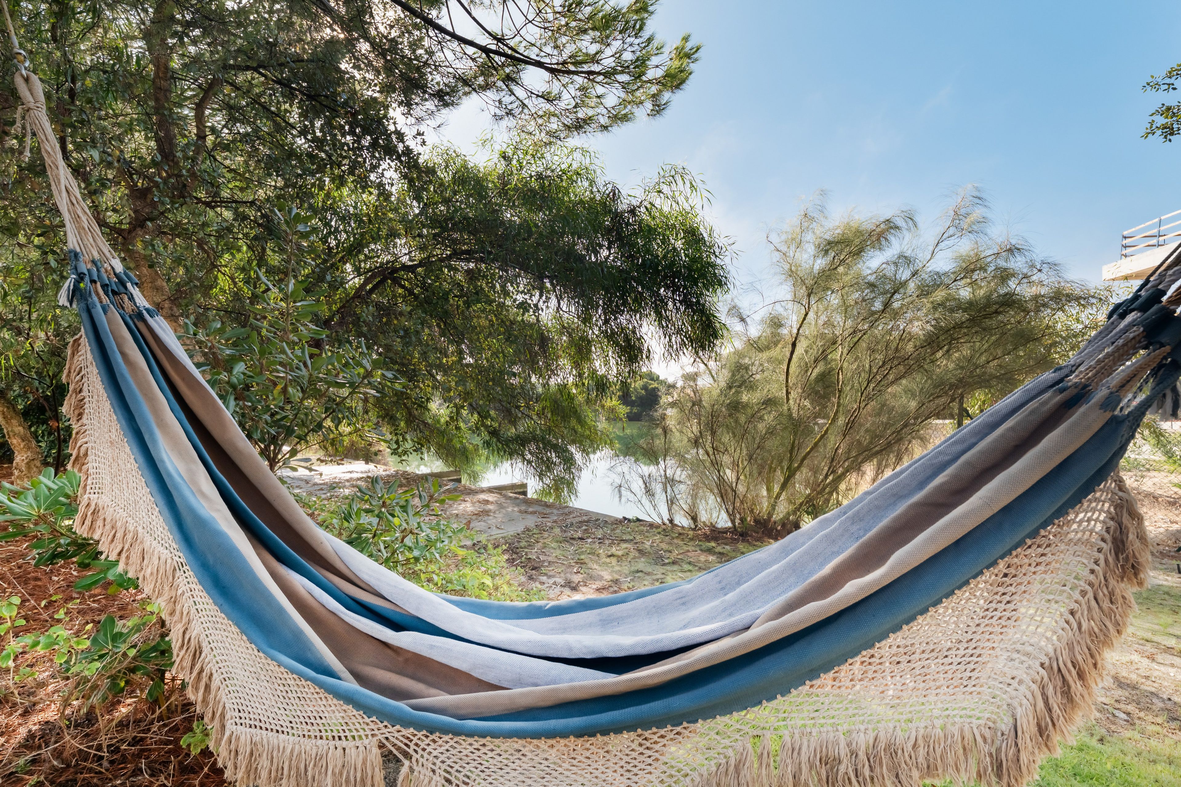 Un'amaca fissata tra due alberi in un ambiente naturale, con un corpo d'acqua e vegetazione sullo sfondo.