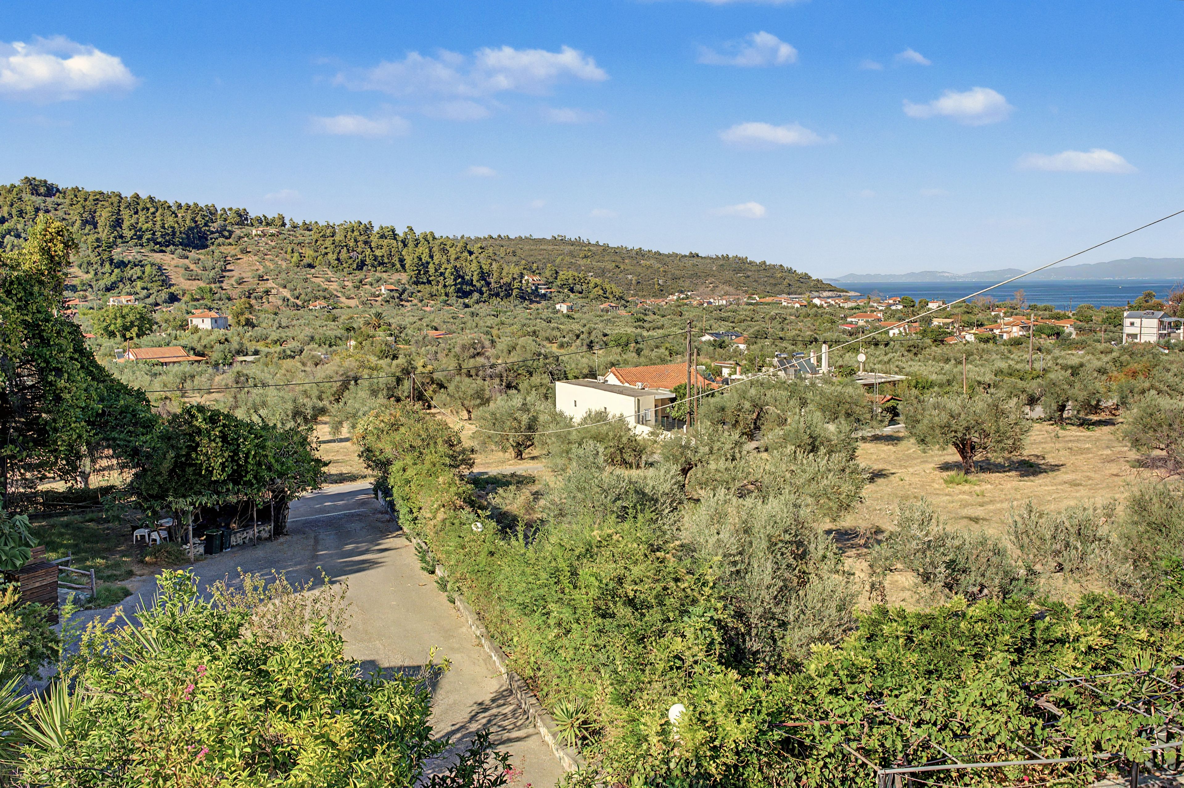 Ein Wohngebiet mit Häusern, einer Straße und einer hügeligen Landschaft.