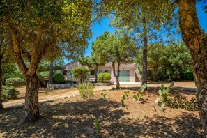 Une propriété résidentielle comprenant une maison, un jardin avec des cactus et un ciel d’un bleu éclatant.