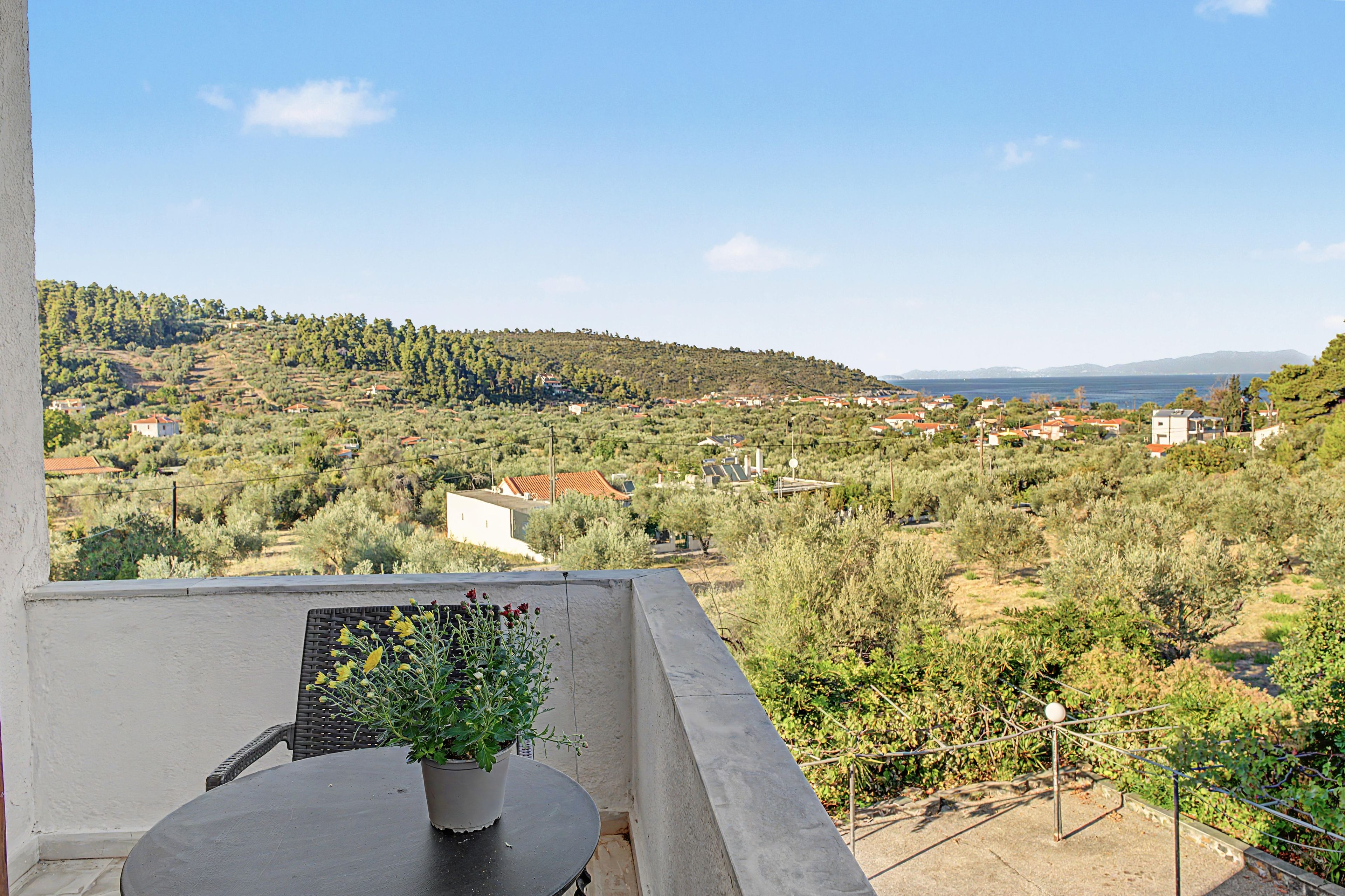 Ein Balkon mit Tisch und Topfpflanze, mit Blick auf ein Küstendorf mit Häusern und Grünflächen.