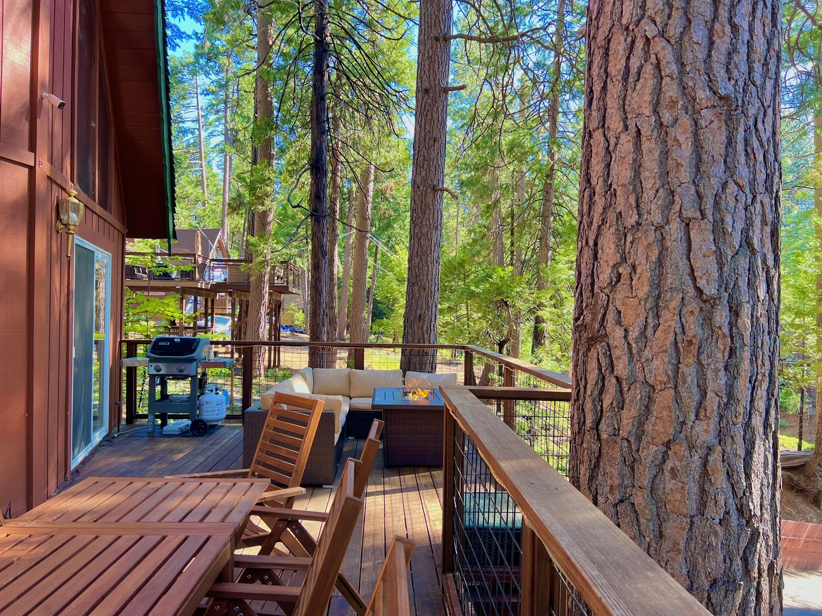 A wooden deck with outdoor furniture, a grill, and a view of tall trees.