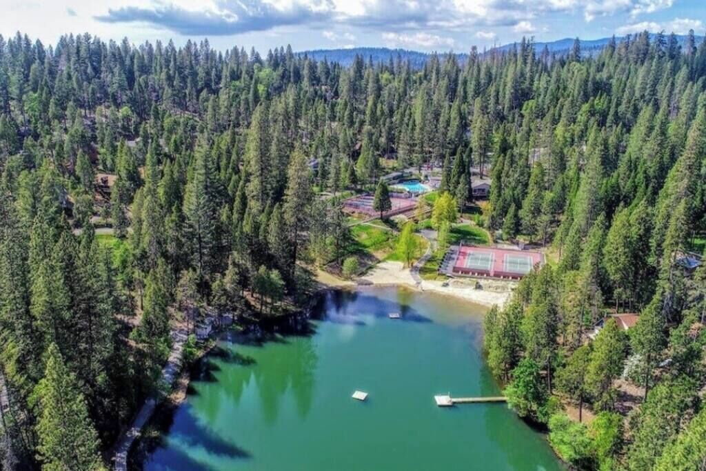 Ett skogsområde med en sjö, båtar och en byggnad med ett rött tak.