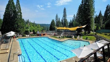 A swimming pool with multiple lanes, surrounded by trees and shaded areas.