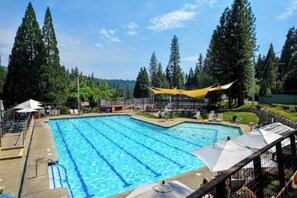 Una piscina con varias pistas, rodeada de árboles y zonas sombreadas.