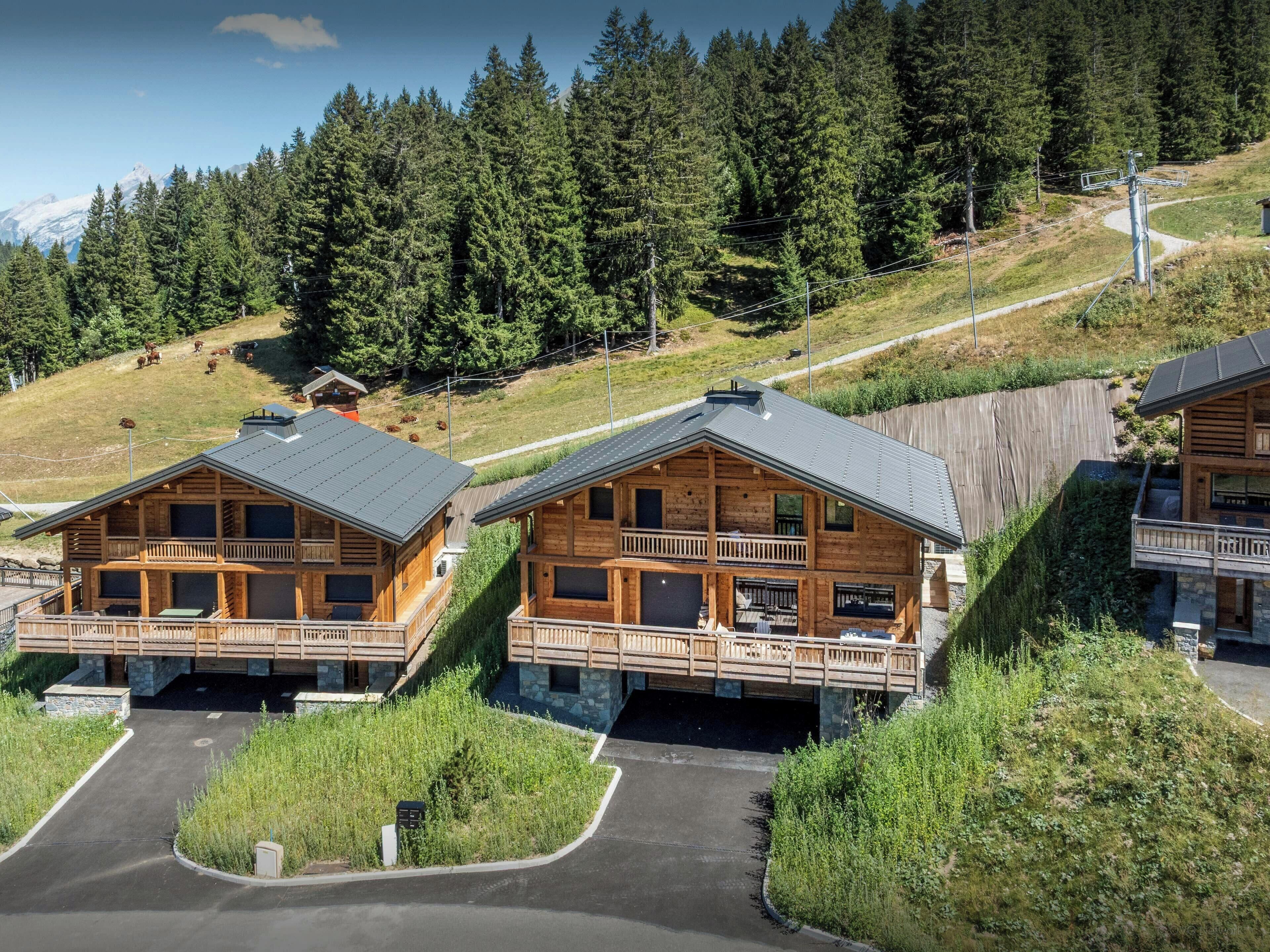 Une cabane en bois dotée d’un balcon, entourée d’une zone boisée et avec une montagne en arrière-plan.