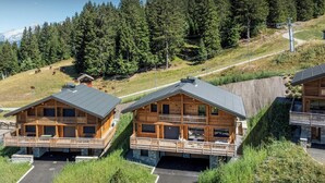 En træhytte med balkon, omgivet af skov og et bjerg i baggrunden.