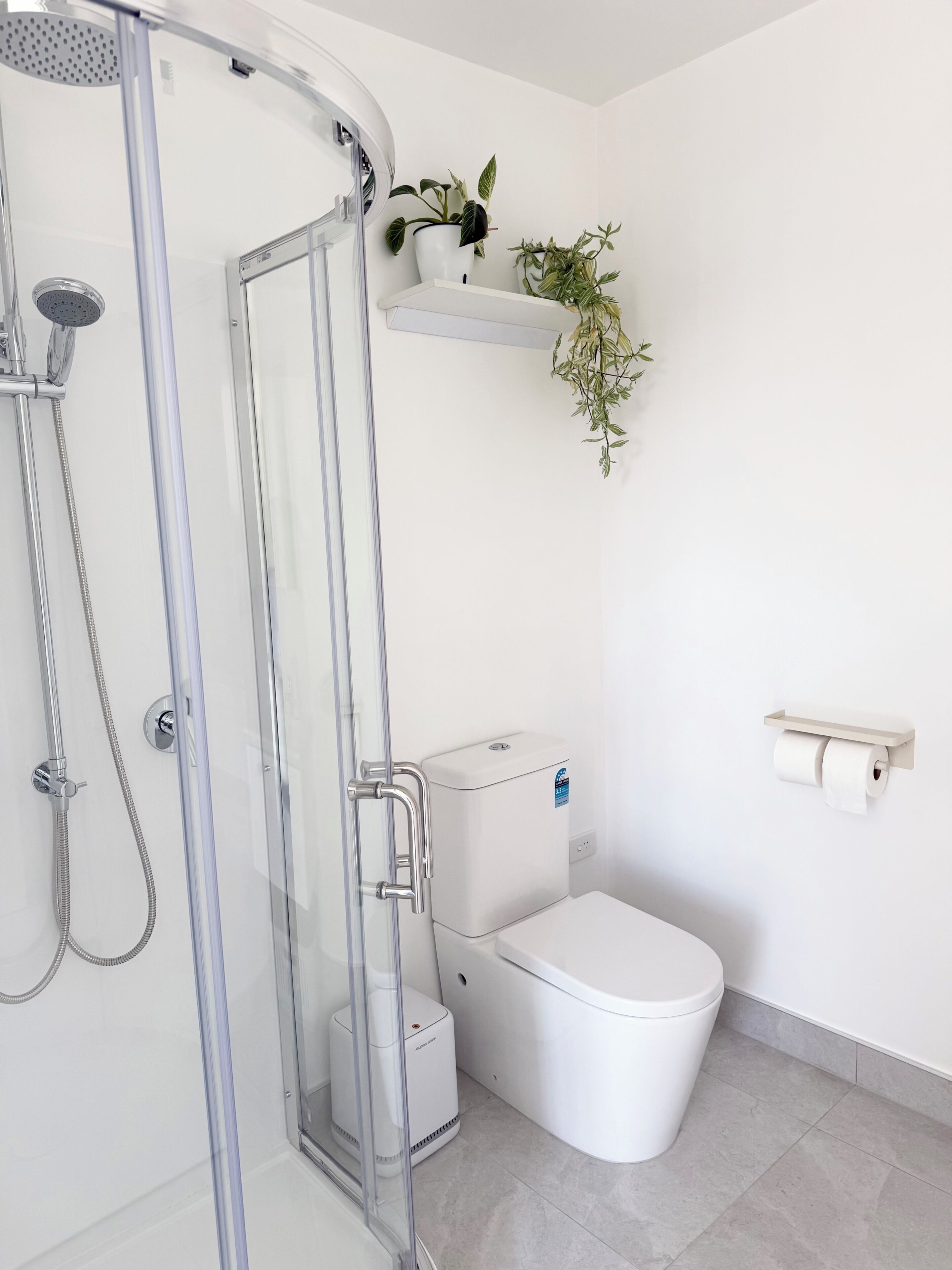 Une salle de bain moderne avec une douche à parois de verre, des toilettes et une étagère ornée de plantes.