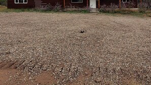 Un edificio de madera de dos pisos con techo verde, camino de grava y un amplio campo abierto al frente.