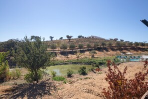 Un vessant de muntanya amb un edifici, un estany i una zona tancada amb cadires i ombrel·les.