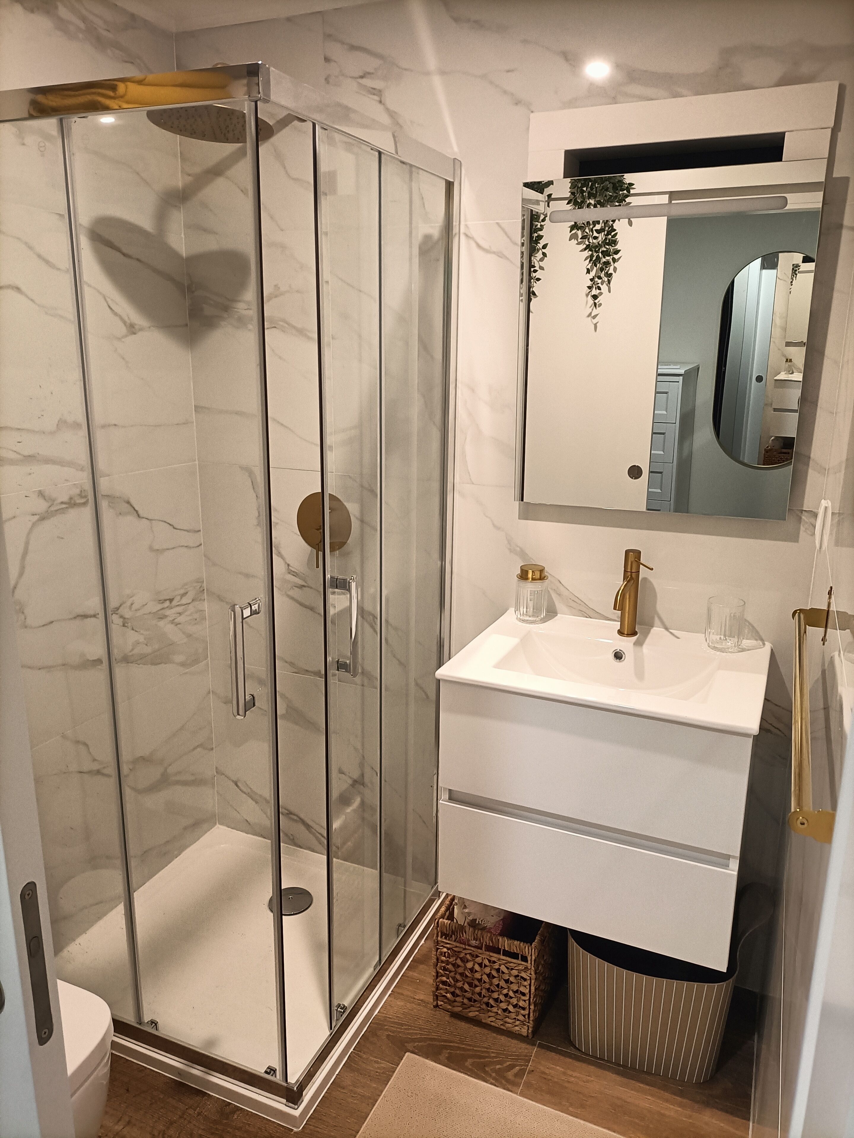Shower, hair dryer, towels, toilet paper