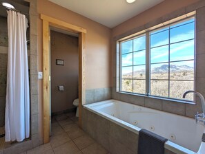 A bathroom with a bathtub, a shower curtain, a toilet, and a window with a view of a mountainous landscape.