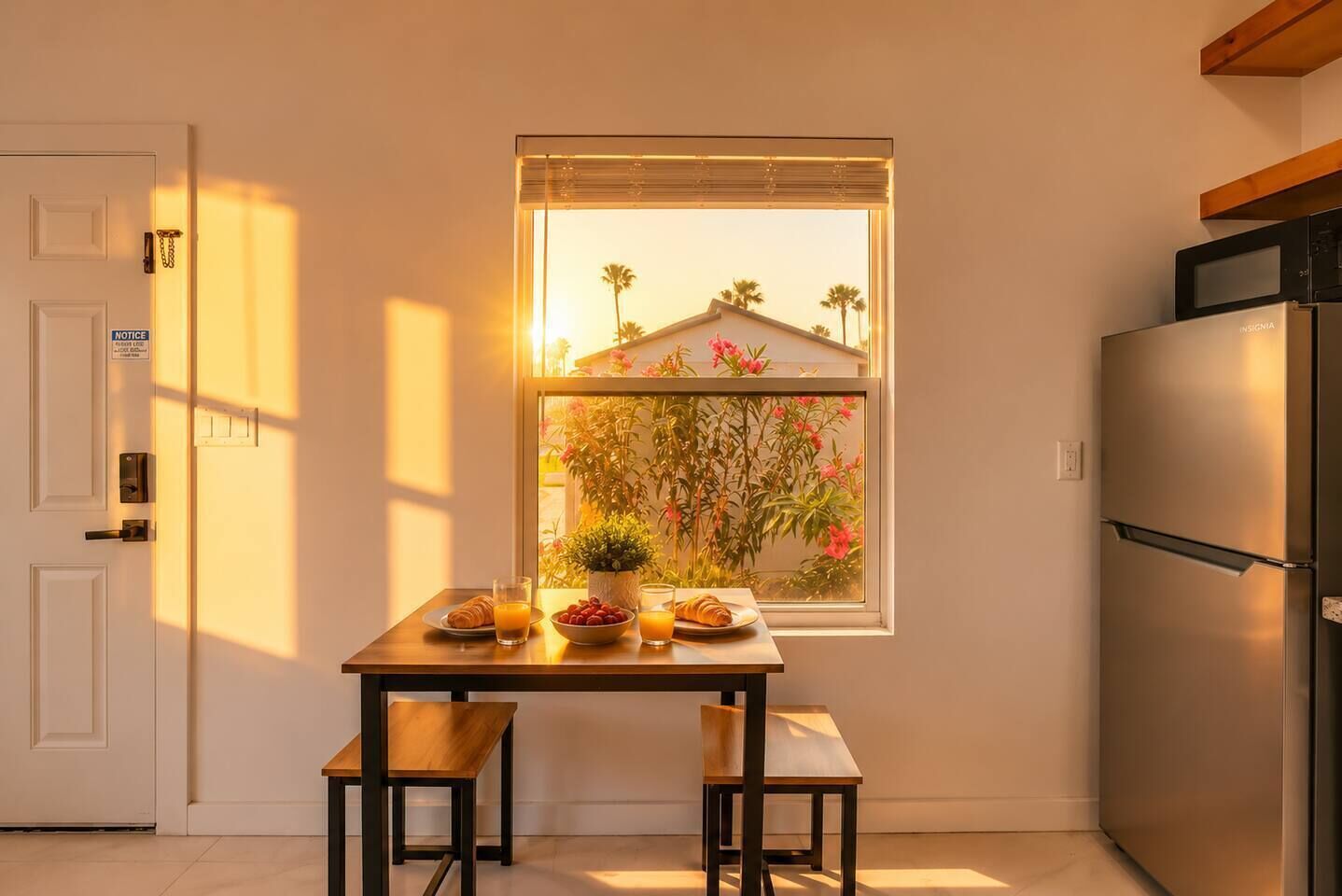 A kitchen with a window, a refrigerator, and a table with breakfast items.