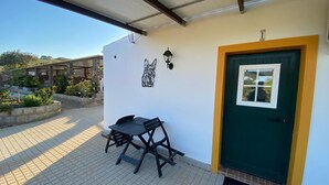 Un patio couvert avec une table et des chaises, une porte verte et un luminaire fixé au mur.
