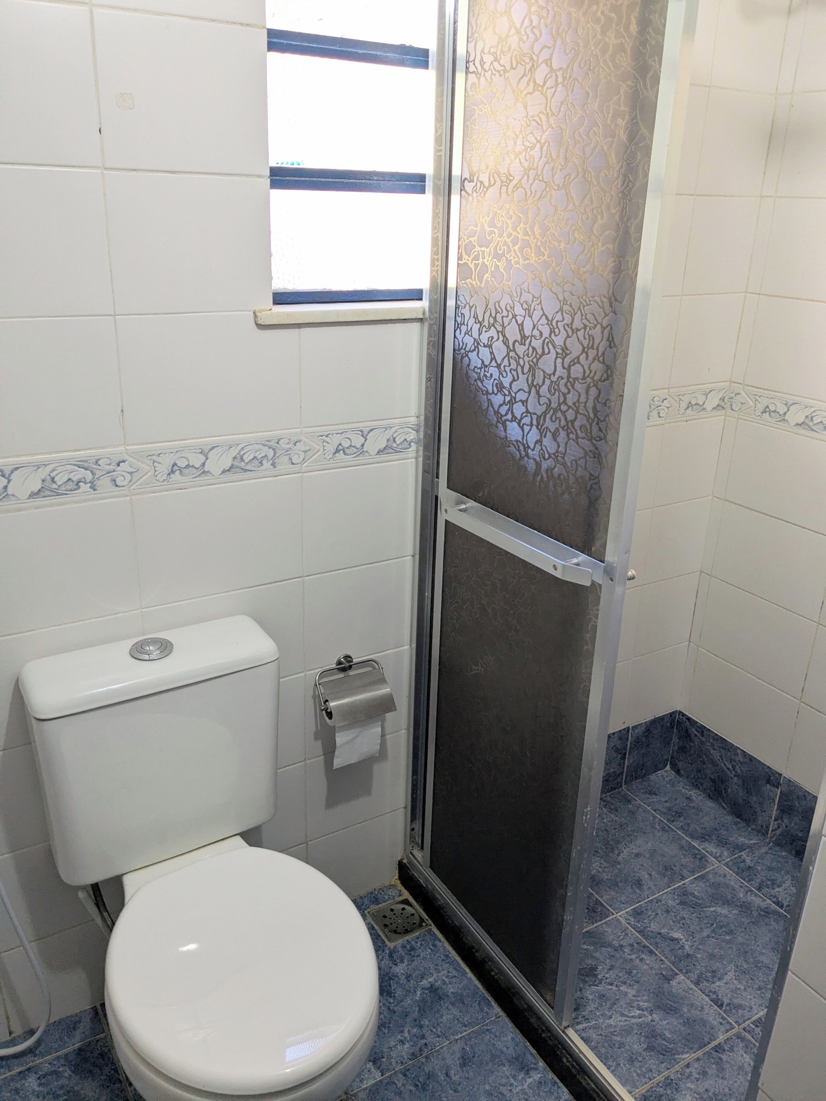 Une salle de bain comprenant des toilettes, un espace douche et une fenêtre.