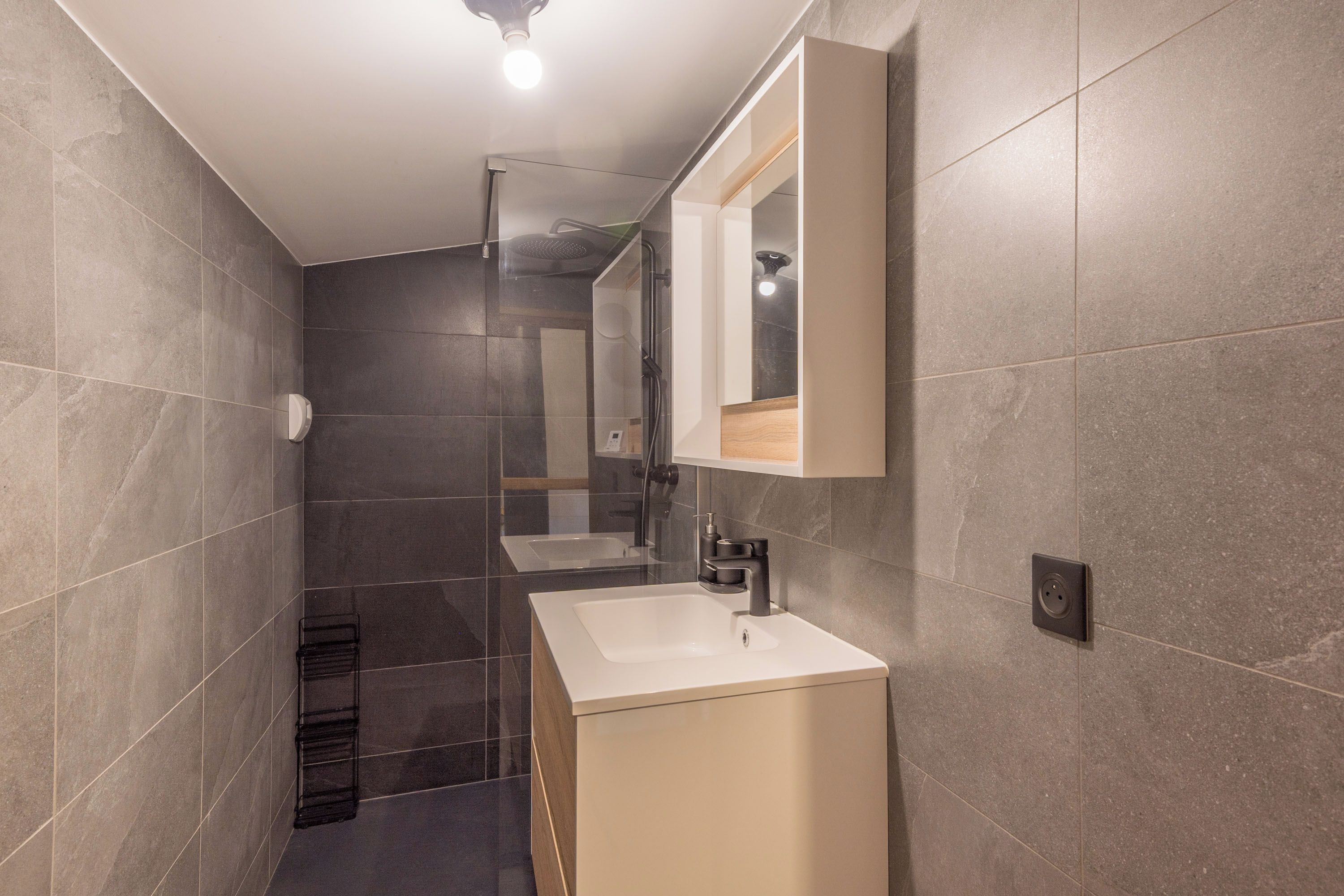 A modern bathroom with a shower, a sink, and a mirror.