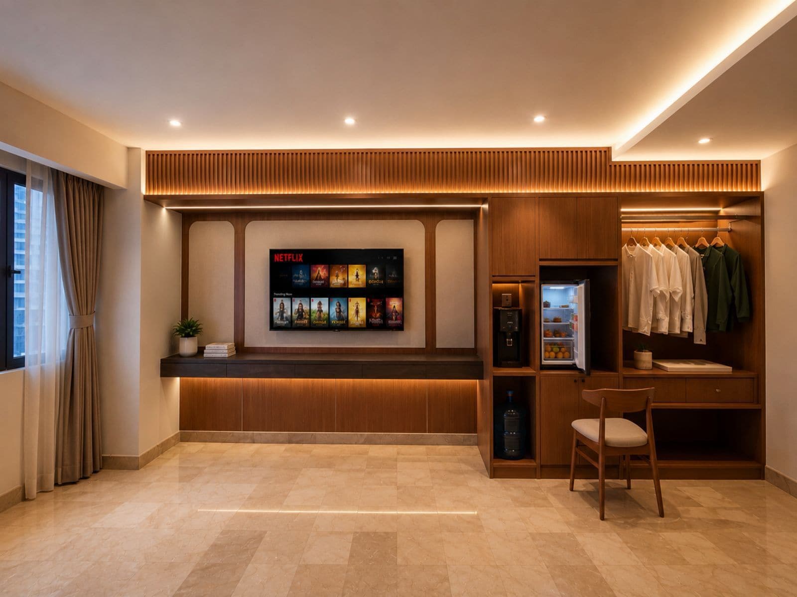 Een modern interieur met een Netflix-scherm, een kledingrek en een zithoek.
