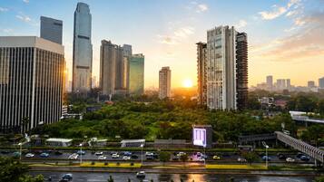 Paisagem urbana com edifícios modernos altos, uma rodovia movimentada e vegetação exuberante.