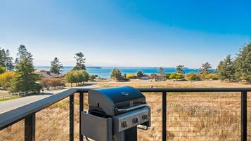 A barbecue grill on a balcony overlooking a residential area with houses and trees.