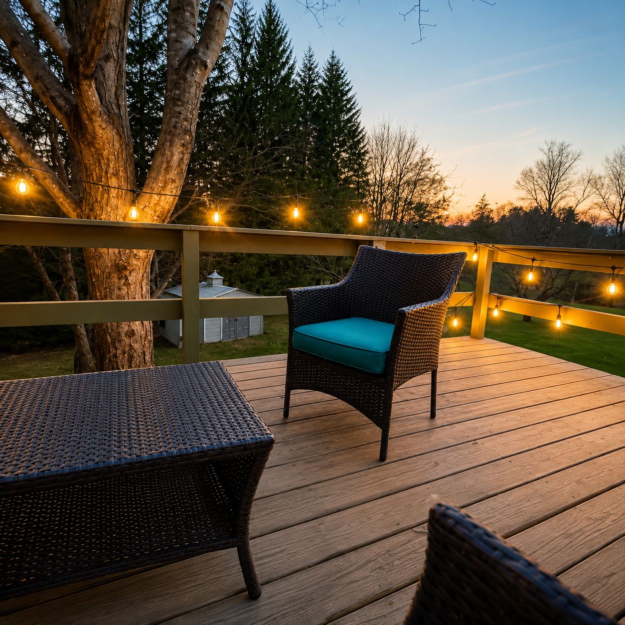 A deck with wicker furniture and string lights.