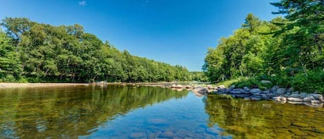 A clear river with visible rocks and trees on both sides.