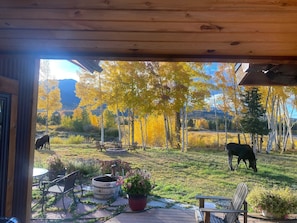A wooden deck with outdoor furniture, a fire pit, and a view of a grassy field with trees and a mountain in the background. - 3-bedroom, 2-bath gated community of Blue River Valley Ranch Lakes (Silverthorne)