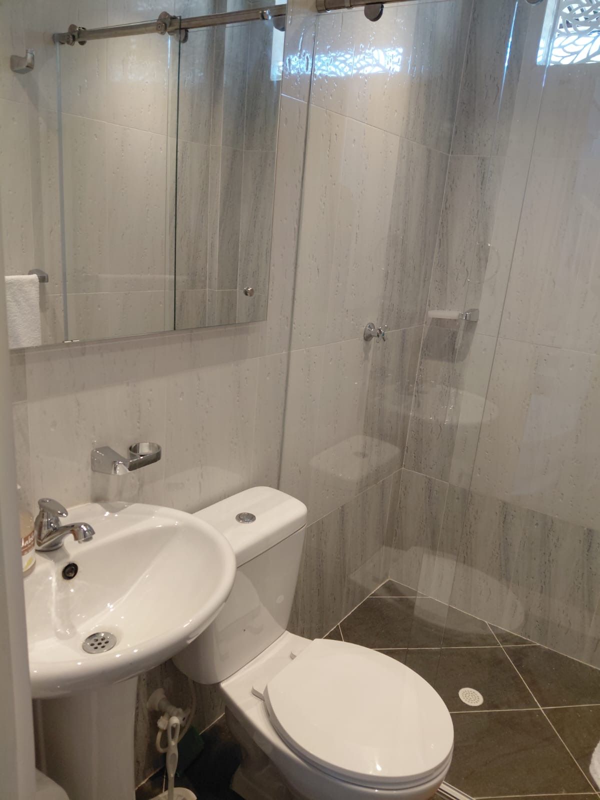 Une salle de bain équipée d’un lavabo, de toilettes et d’une douche.