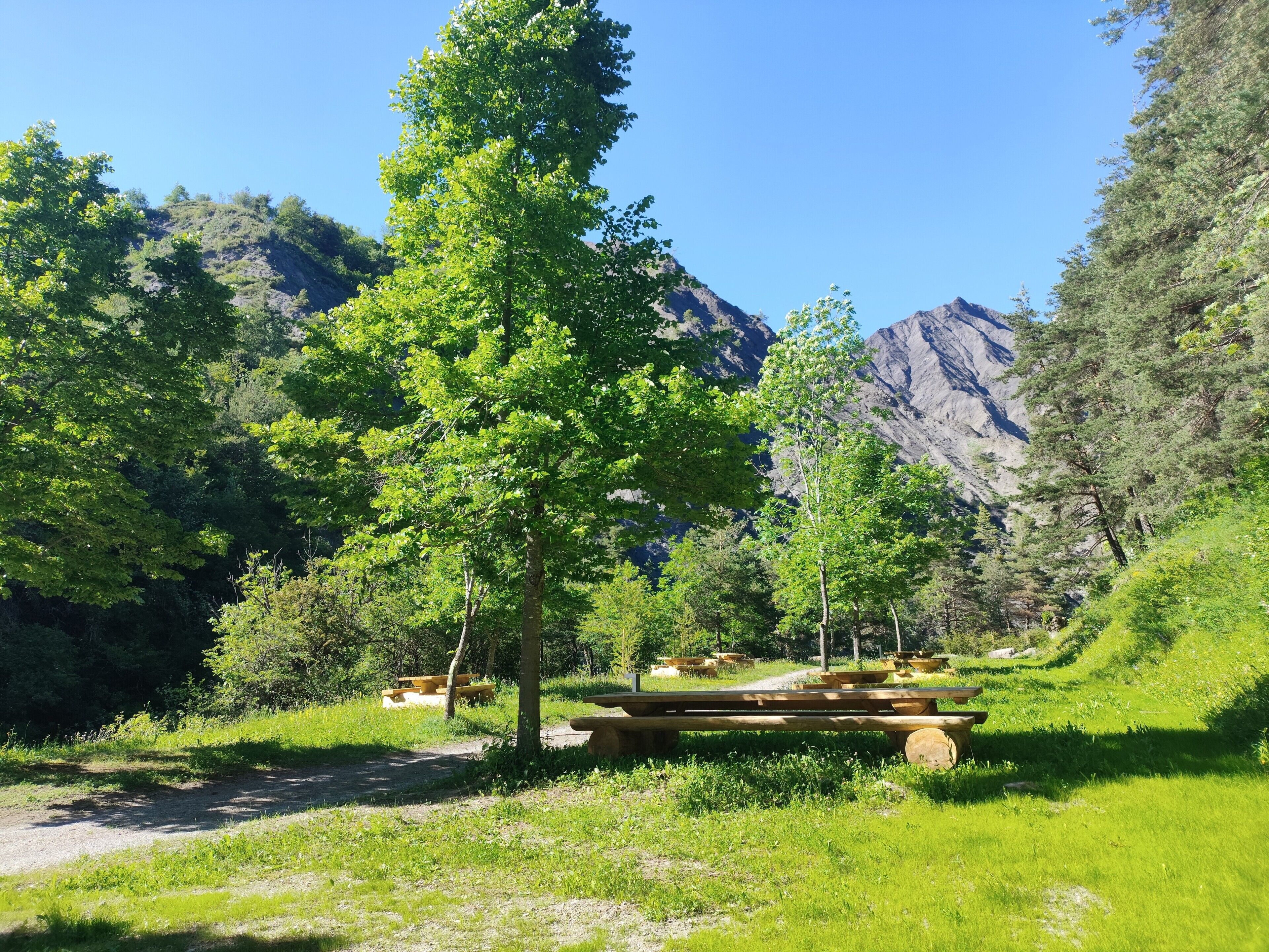 Paisaje natural con zona de picnic y montañas al fondo.