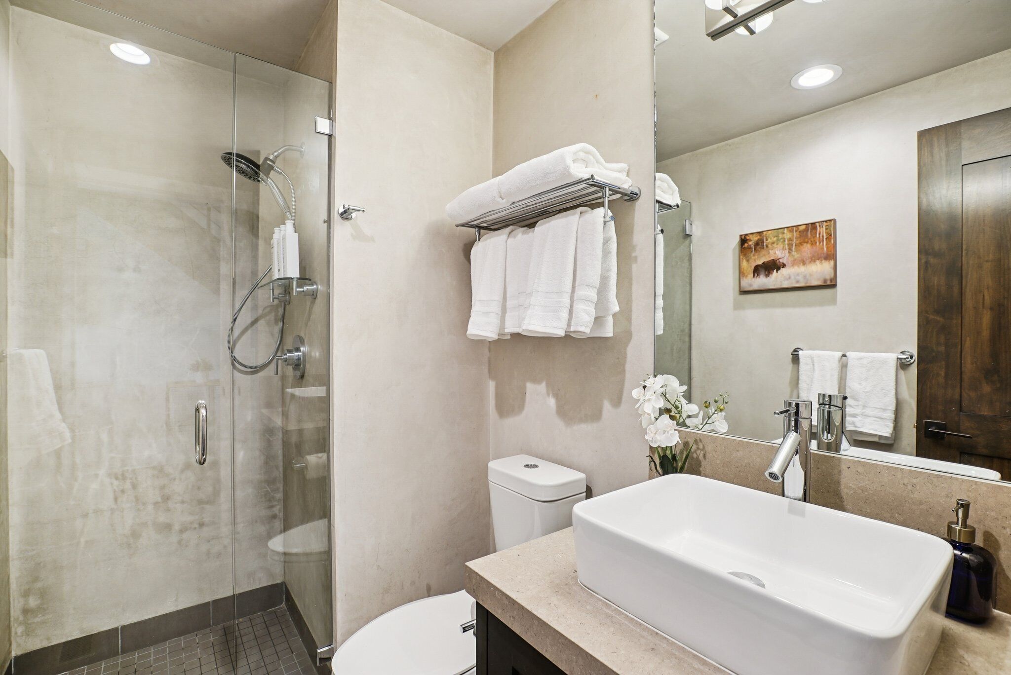 A modern bathroom with a glass-enclosed shower, a white sink, and a large mirror.