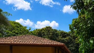 Un edificio con techo de tejas, acceso empedrado y un jardín con diversas plantas.