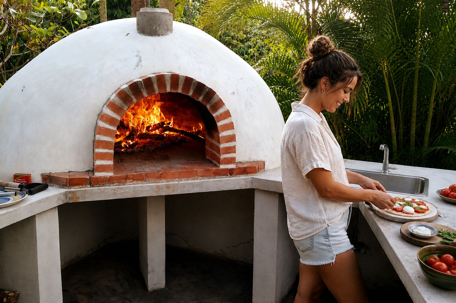 A person preparing food in front of a brick oven pizza oven.