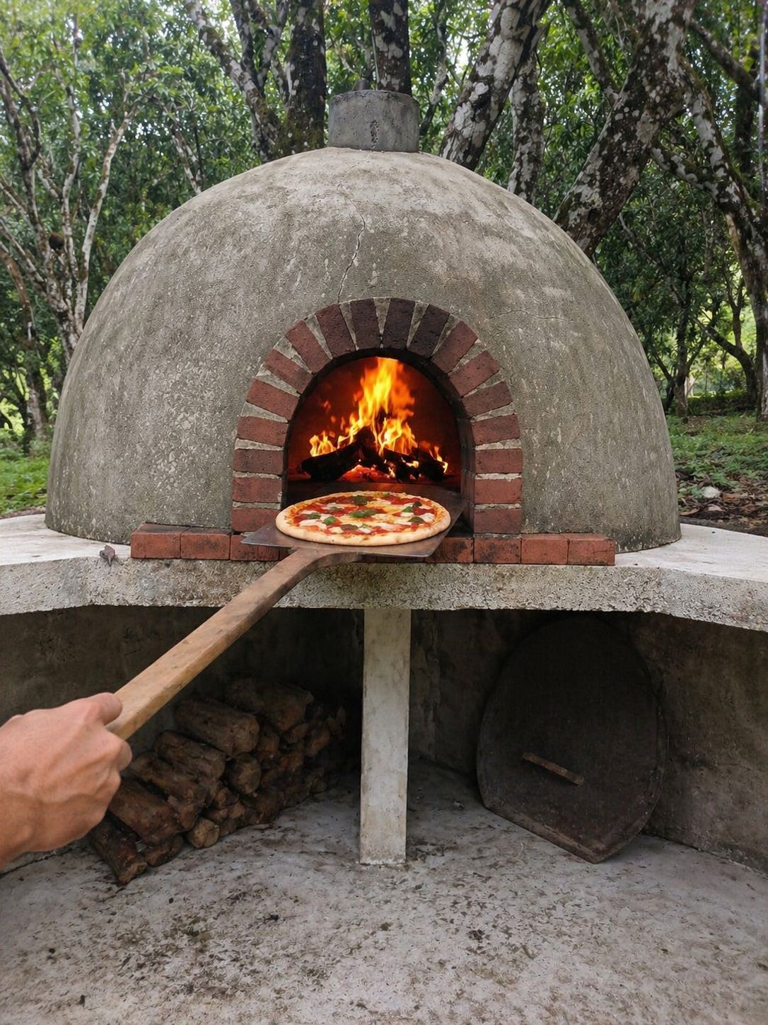 Un horno de pizza con interior de ladrillo y una pizza que se coloca en su interior.