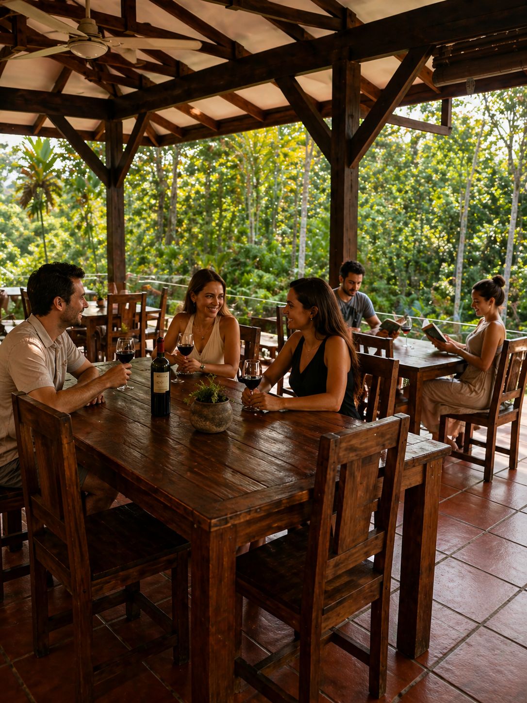 Un comedor al aire libre con mesas y sillas de madera, rodeado de abundante vegetación.