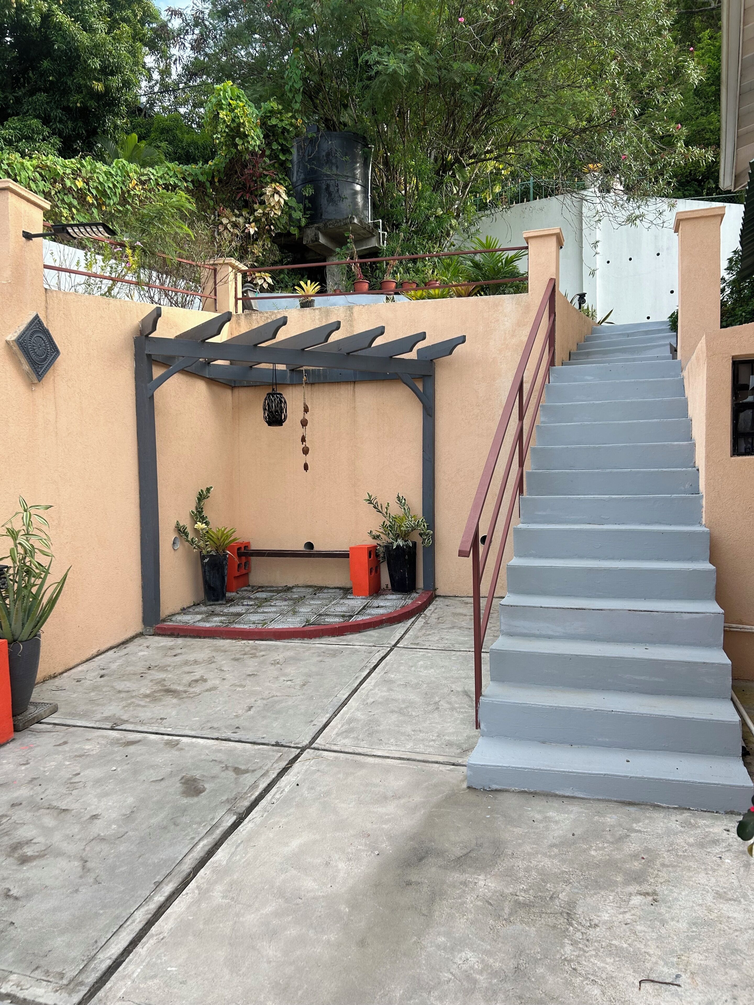 A concrete staircase leading up to a building entrance, surrounded by potted plants and a pergola structure.