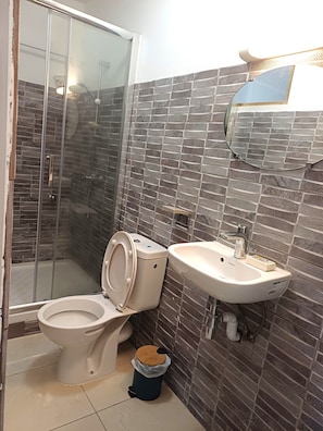 Een badkamer met een douche met glazen wand, toilet, wastafel en een prullenbak.