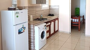 Une cuisine compacte équipée d’un réfrigérateur, d’un lave-linge et d’une cuisinière à gaz.