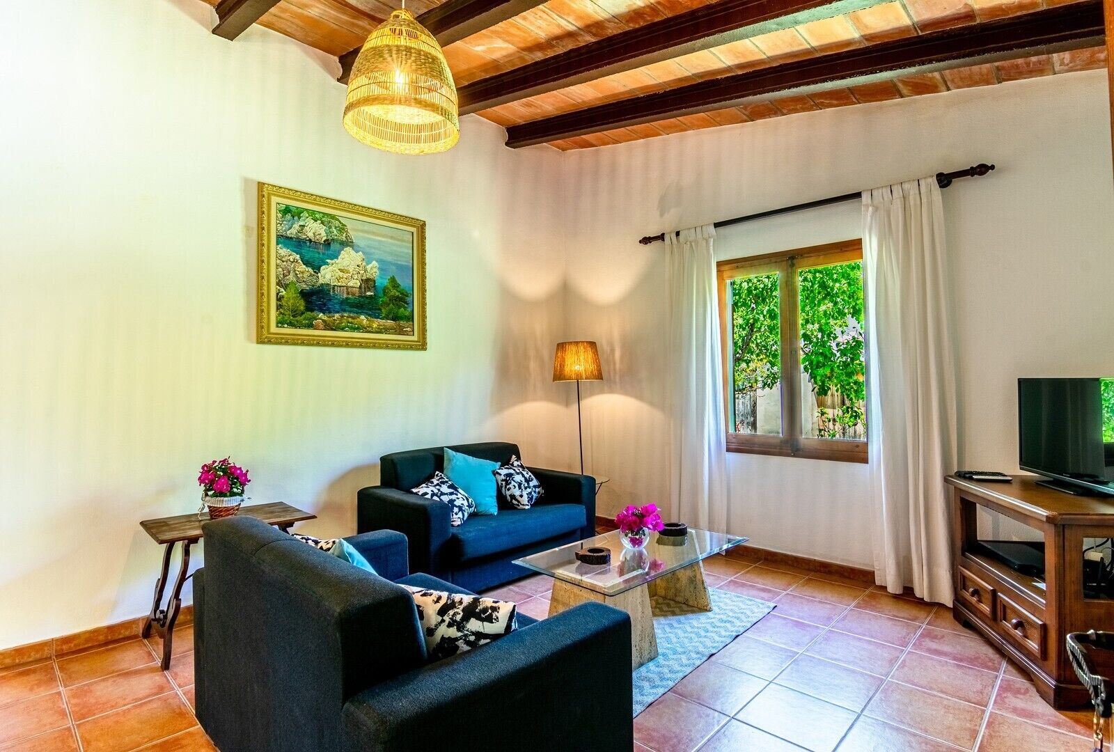 Un salon avec un canapé, une table basse, un téléviseur et un tableau accroché au mur.