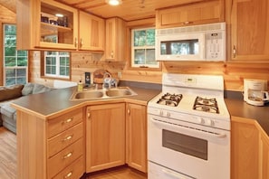 Una cucina compatta con mobili in legno, un fornello a gas, un forno a microonde e un lavandino.