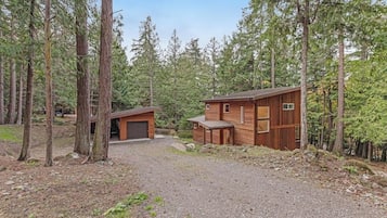 A cabin with a gravel driveway, surrounded by tall trees.