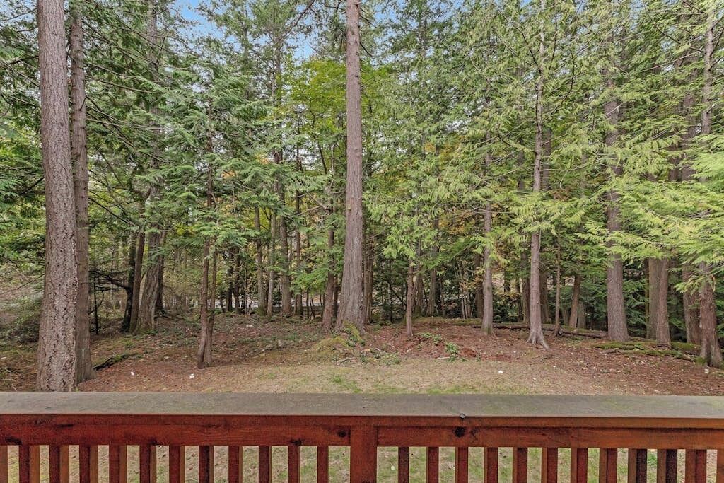 A forested area with a wooden deck.