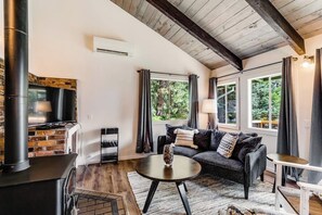 A cozy living room with a fireplace, a sofa, a coffee table, and a TV. - Fantastic Waterfront Retreat in Eastsound with Expansive Deck and Stylish Interior - Dog Friendly (Eastsound)