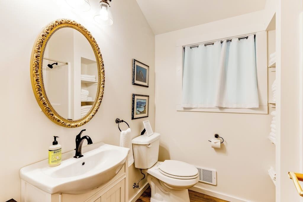 A bathroom with a white sink, a toilet, a mirror with a gold frame, and a window with a curtain.