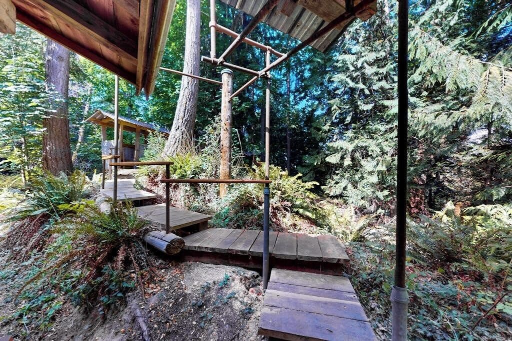 Una estructura de madera con armazón metálico, rodeada de un bosque denso.