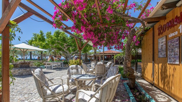 An outdoor seating area with wicker chairs and a table, surrounded by a wooden pergola and bougainvillea flowers. - Family Beachfront Apartment with Sea View in Agia Galini, Crete (Agia Galini)
