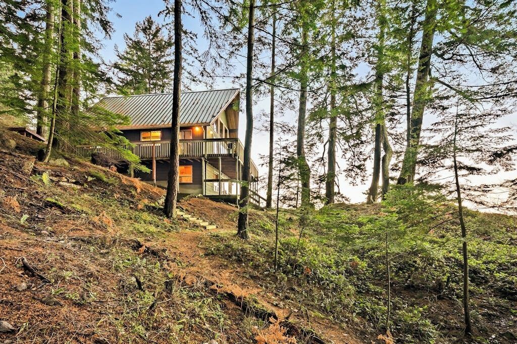 A cabin with a metal roof, surrounded by dense forest.