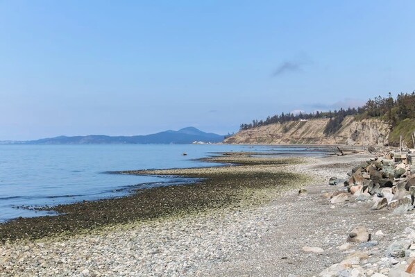 A rocky shoreline with calm water and distant mountains.