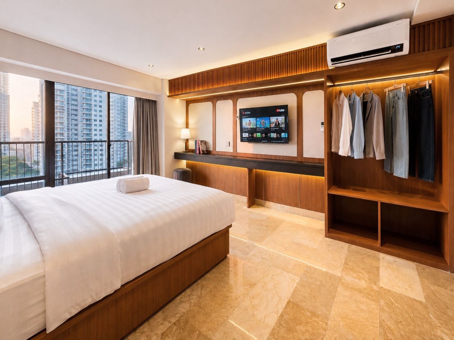 A hotel room with a large bed, a TV mounted on the wall, a wardrobe, and a balcony with a city view.