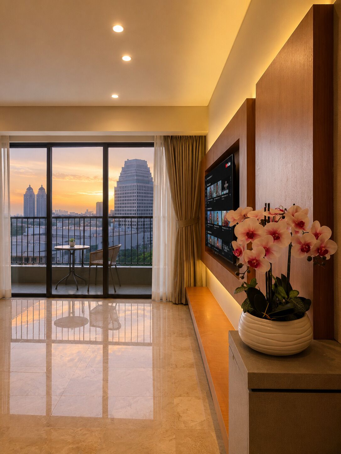 Habitación de hotel moderna con balcón, televisión de pantalla plana y una orquídea en maceta.