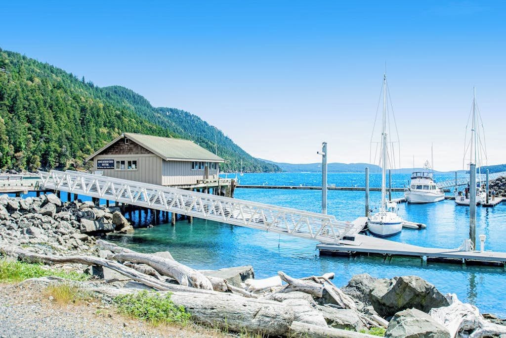 A wooden dock with a bridge leading to a building, boats docked at a marina, and a forested hillside in the background.