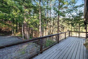 A wooden deck with a metal railing overlooking a forested area.